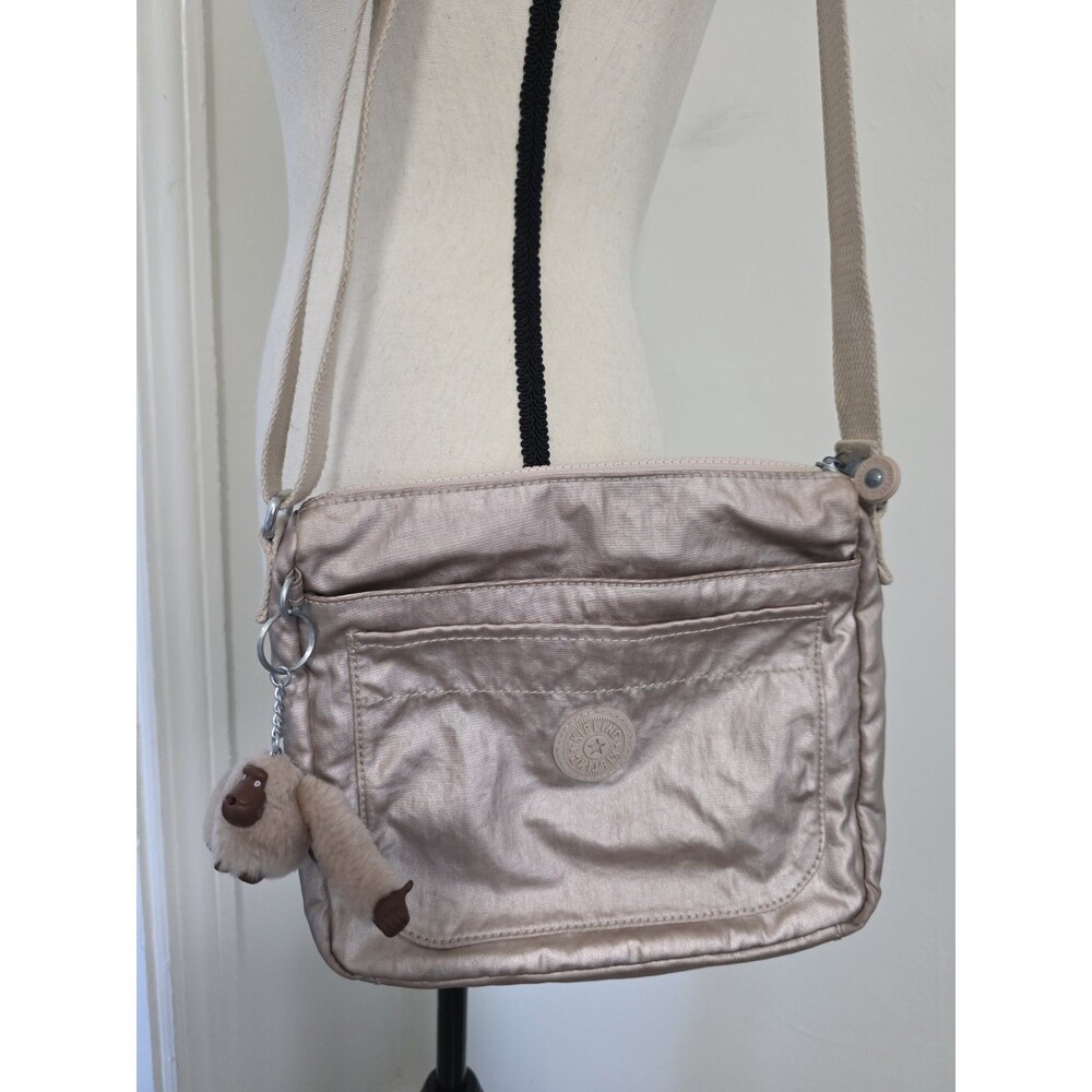 Vintage KIPLING Nylon Metallic Shoulder Bag CROSSBODY Purse w/Monkey Charm VguC